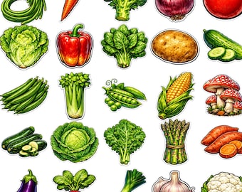 Pacchetto di clipart PNG di verdure realistiche: colori vivaci, stile adesivo con contorno spesso, sfondo trasparente ad alta risoluzione
