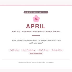 May include: An interactive digital and printable planner page for April 2027 titled Mid Spring Bloom. It features a pink cherry blossom icon, the text April 2027, and sections for Top 3 Priorities, Hourly Timeblocking, Daily To-Do List, Gratitude & Wins, and Brain Dump & Notes.