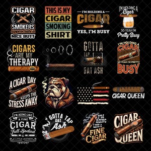 Puede incluir: Colección de diseños con temática de cigarros con texto e ilustraciones. Incluye frases como "Cigars are my therapy" y "Cigar Queen". Presenta cigarros, un bulldog y una bandera americana.