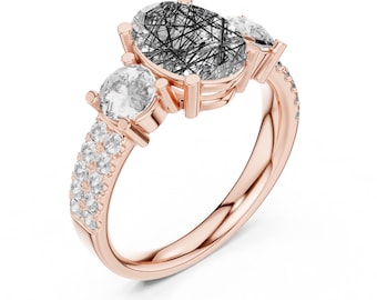 Sterling Silver Rutile Quartz Ring, Rose Gold Plated, White Topaz Accents