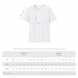 May include: A white t-shirt with measurements for width, length, and sleeve length. The size chart includes measurements in inches and centimeters, with sizes ranging from XS to 5XL. The chart notes that measurements may vary by &plusmn;1.5 inches (3.8 cm).
