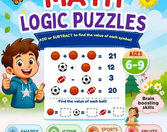 40 stron, 40 wyjątkowych łamigłówek matematycznych pobudzających mózg | Wiek 6-9 lat | Pobierz natychmiast
