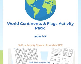Odkrywaj świat! Zeszyt ćwiczeń geograficznych dla dzieci – Kontynenty, mapy i flagi (plik PDF do druku)