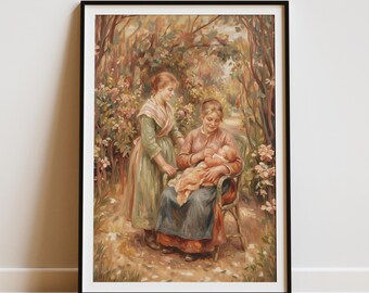 Vintage Motherhood Oil Painting, Impressionist Nursery Decor (Digital Download)