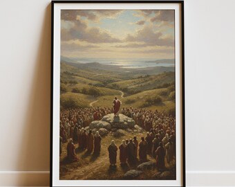Jesus Christ Art Print, The Sermon on the Mount Vintage Oil Painting, Christian Wall Art