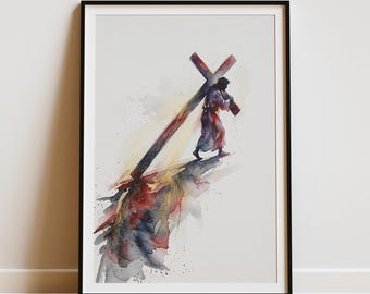 Via Dolorosa Poster, Jesus Watercolor Print, Easter Christian Home Decor, Bible Verse Art