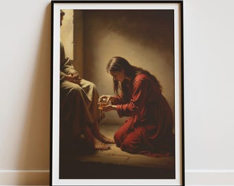 Jesus Anointing Feet Wall Art, Woman with Alabaster Jar, Christian Home Decor Digital Print