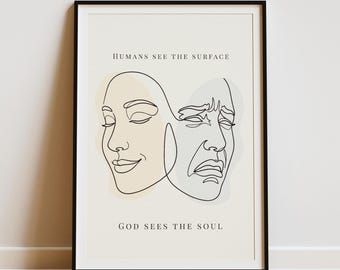 God Sees the Soul Minimalist Face Line Art, Modern Christian Wall Decor Poster