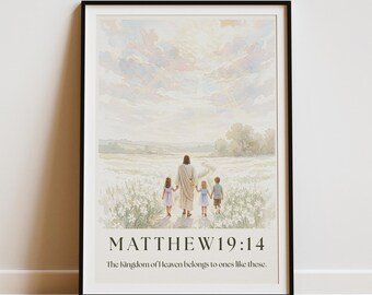 Matthew 19:14 Watercolor Art for Nursery, Jesus and Children, Digital Download