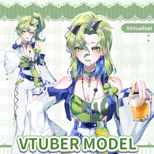 Puede incluir: Ilustración digital de un modelo VTuber con cabello verde y azul, vistiendo un atuendo blanco y azul. La imagen incluye el texto "VTUBER MODEL" en la parte inferior y el logotipo "VirtuaReal" en la esquina superior derecha.