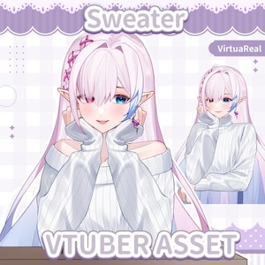 Puede incluir: Una ilustración digital de un personaje con cabello largo rosa pálido, orejas puntiagudas y heterocromía, vistiendo un suéter blanco acanalado de hombros descubiertos. La imagen incluye el texto "Sweater", "VirtuaReal" y "VTUBER ASSET" en tono morado.