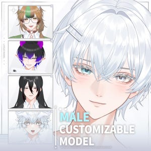 May include: A digital illustration of a customisable character model featuring a central portrait of a person with short white hair and light blue eyes. Four smaller inset portraits display variations with different hair colours, styles, and features.