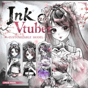May include: A digital illustration featuring the text Ink Vtuber V2.00 CUSTOMIZABLE MODEL and LIVE2D MODEL. The artwork displays a character in a black, white, and pink ink-wash style, showcasing three variations of the character with floral accents.