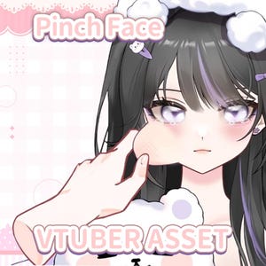 May include: A digital illustration of an anime-style character with long black hair and purple highlights. A hand pinches the character's cheek. The text Pinch Face and VTUBER ASSET are displayed in white with pink outlines against a light pink background.