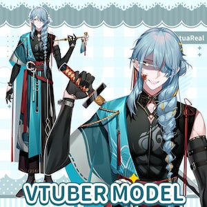 May include: A digital illustration of a male anime character with blue hair in a braid, wearing a black and teal outfit with a sword. The image includes the text "VTUBER MODEL".