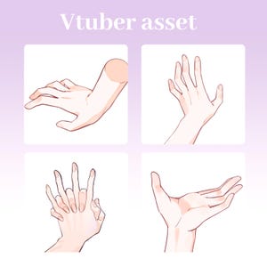 Pode incluir: Uma ilustração digital intitulada Vtuber asset apresentando quatro poses de mão distintas em um tom de pele claro. As poses incluem uma mão relaxada, uma palma aberta voltada para cima, duas mãos entrelaçadas e uma palma aberta.