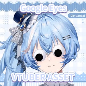 Peut inclure: Un personnage de style anime aux cheveux bleu clair portant un petit haut-de-forme bleu foncé avec un nœud argenté et une gemme bleue. Le personnage a de grands yeux mobiles blancs avec des pupilles noires sur les yeux. Texte Google Eyes et VTUBER ASSET.
