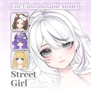 Könnte beinhalten: Eine digitale Illustration mit dem Titel Lite Customizable Model Street Girl, die eine große Anime-Figur mit weißem Haar und grauen Augen zeigt, neben drei kleineren kreisförmigen Porträts mit verschiedenen Haarfarben und Accessoires.