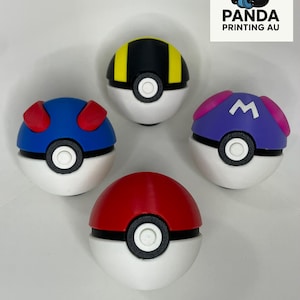 May include: Four colourful Poké Ball replicas. The balls have a white base with a black band and a central button. The tops are red, blue, yellow, and purple, with the purple ball displaying a white "M". The Panda Printing AU logo is in the top right.