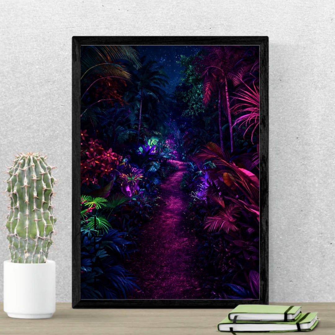 Neon Jungle Pathway – Glowing Cosmic Forest Fantasy Art Print | Black ...