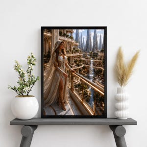 May include: A framed wall art print depicting a person in a flowing, shimmering gold gown standing on a balcony overlooking a futuristic city with tall spires and a waterfall. The artwork is displayed on a dark gray table next to a white vase with flowers.