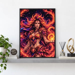 May include: A framed wall art print featuring a fantasy figure with flowing red and orange hair, wearing a feathered bodice and skirt, surrounded by swirling flames and embers against a dark background, holding a glowing orb of fire in one hand.