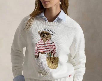 Authentisch Ralph Lauren Weißer Polo Bär Pullover | Kultiger Bären Design Pullover