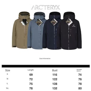 May include: Four hooded Arc'teryx jackets in tan, blue, navy, and black. Each jacket has a zipper closure and a Gore-Tex tag. The brand name is displayed at the top. Size information is listed below the jackets.