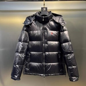 May include: A black puffer jacket with a hood and a small red logo on the chest. The jacket has a shiny, quilted design and a zip closure. It is hanging on a hanger against a neutral background.