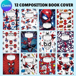 May include: A collection of 12 composition book covers featuring Spider-Man in various poses, web patterns, and comic book style graphics. Each cover includes a white label with the text Composition Book and lines for writing names.