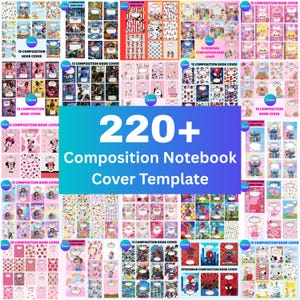 May include: A digital collection of 220+ composition notebook cover templates featuring diverse colorful graphic designs, cartoon characters, and patterns. Each rectangular cover includes a white label area for personalization and text.