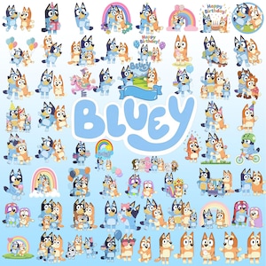 May include: A collection of Bluey and Bingo character stickers featuring various poses, birthday themes, rainbows, and balloons. The word BLUEY is printed in large, light blue letters in the center of the image, surrounded by numerous colorful illustrations.