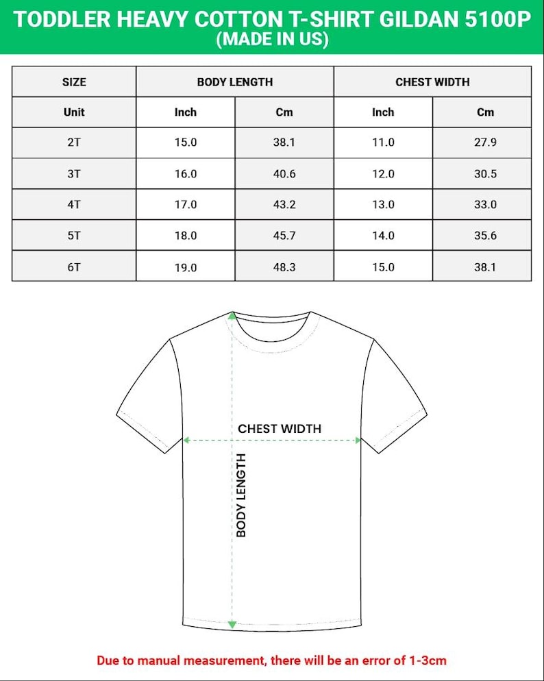 K&ouml;nnte beinhalten: Ein wei&szlig;es Toddler Heavy Cotton T-Shirt mit Gr&ouml;&szlig;entabelle. Die Tabelle zeigt die K&ouml;rperl&auml;nge in cm, von 38,1 cm bis 48,3 cm. Die Brustweite wird ebenfalls in cm angegeben. Der Text weist auf einen Messfehler von 1-3 cm hin.