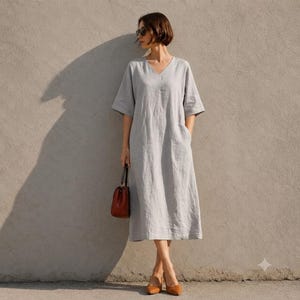 Abito lungo 100% lino con scollo a V / Abito in lino con maniche corte e tasche applicate / Abito estivo in lino / Abbigliamento taglie forti / Abito lungo casual