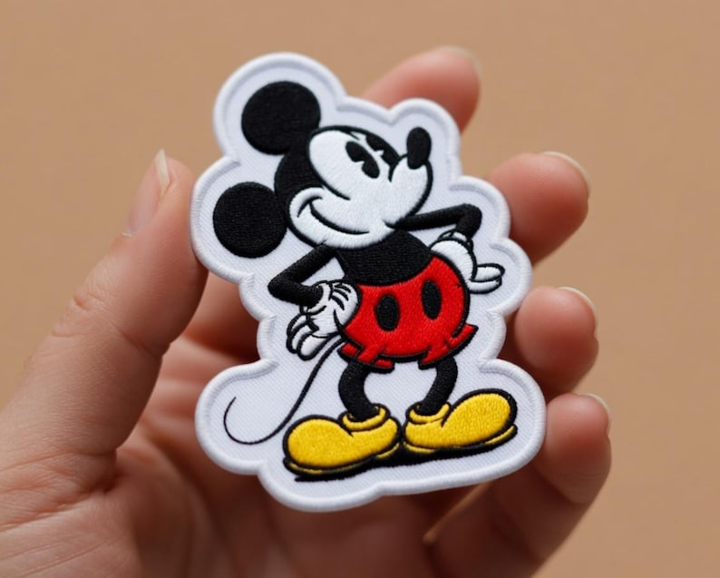 May include: Embroidered patch featuring Mickey Mouse in a classic pose. The patch has a white border, black ears, a white face, red shorts, yellow shoes, and black arms and legs. A fun, colorful accessory for clothing or bags.