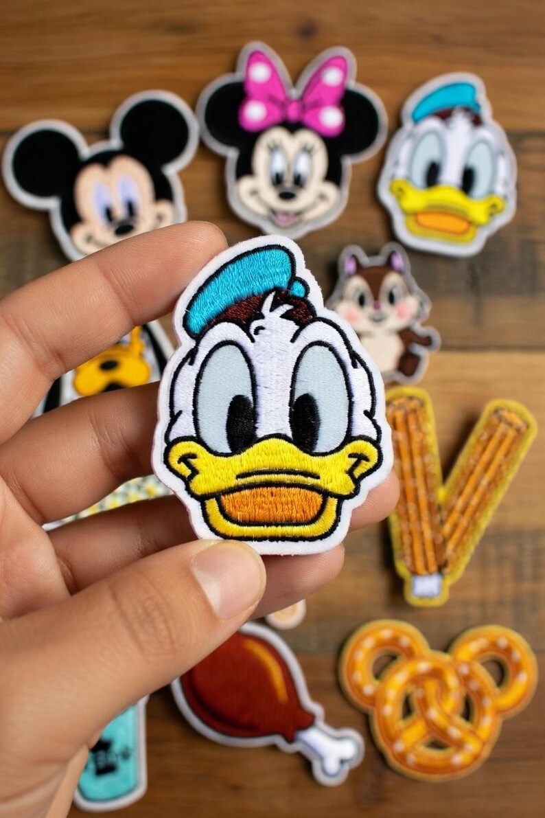 May include: A collection of embroidered patches featuring cartoon characters such as Mickey Mouse, Minnie Mouse, Donald Duck, and Chip and Dale. The patches are colourful and detailed, with a white border. Other patches include a pretzel and a fried chicken leg.