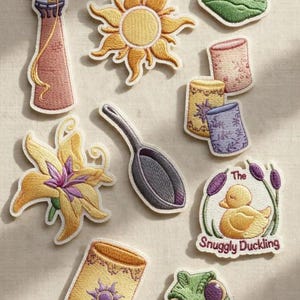 May include: Embroidered patches featuring various designs, including a tower, sun, flower, spoon, and a duck with the text "The Snuggly Duckling". The patches are in shades of yellow, purple, green, and brown.