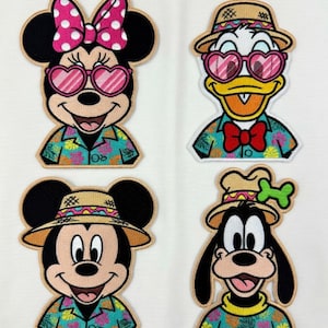 May include: Four embroidered patches featuring Disney characters: Minnie Mouse, Donald Duck, Mickey Mouse, and Goofy. Each character is wearing sunglasses, a Hawaiian shirt, and a straw hat. Minnie has a pink bow, Donald a red bow tie, and Goofy a bone.