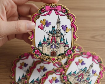 Disney Castle Magic Patch, Pink Bow Embroidered Iron On Patch, Mickey Balloons Castle Design, Disney Gifts for Kids, Jacket Backpack Hat