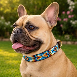 Pode incluir: Um bulldog francês fulvo com focinho preto e orelhas eretas usa uma coleira de couro marrom para cães com um padrão vibrante de contas multicoloridas em tons de azul, laranja e branco com um anel em D de metal dourado.