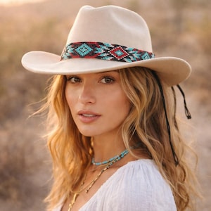 Handmade Seed Bead Hat Band – Colorful Aztec Pattern, Western Boho Accessory