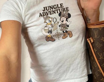 Jungle Adventure Baby Tee, Minnie Daisy Safari Crop Top, Animal Kingdom Shirt, Y2K Leopard Print Fitted Disney Explorer Tee