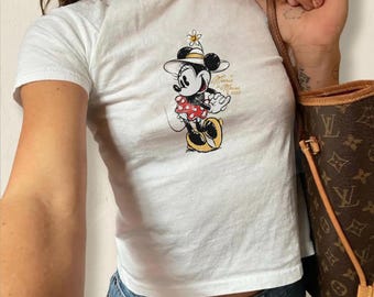 Klassisches Minnie Maus Baby T-Shirt, Vintage Disney Sketch Crop Top, Y2K Retro Blumenhut-Shirt, Damen Grafik-T-Shirt