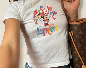 Retro Bella Canvas® Minnie Mouse Epcot World Showcase Baby Tee, Disney Flags Womens Crop Top, Girls Trip Vacation Outfit