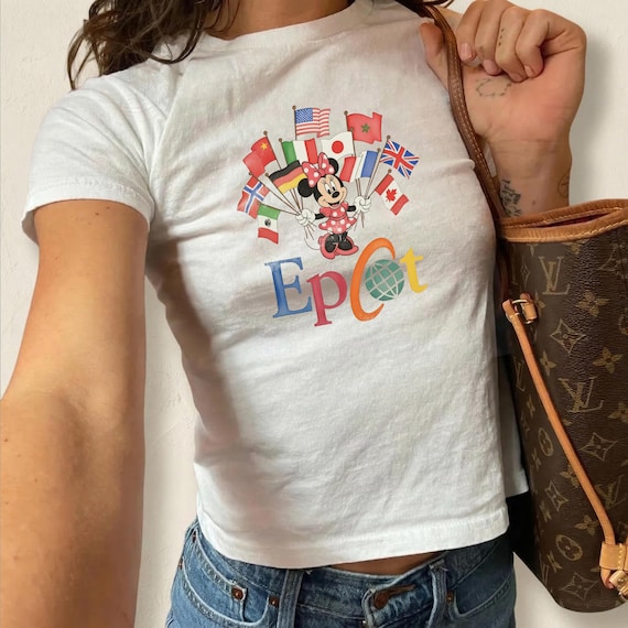 Retro Bella Canvas® Minnie Mouse Epcot World Showcase Baby Tee, Disney Flags Womens Crop Top, Girls Trip Vacation Outfit