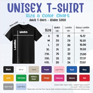 May include: A black unisex t-shirt with a size and color chart. The chart lists sizes S to 4XL, with measurements in inches for width, length, and sleeve length. Color options include black, white, and various other colors.