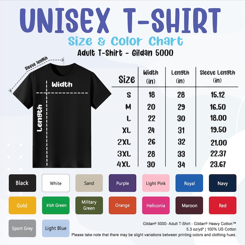 May include: A black unisex t-shirt with a size and color chart. The chart lists sizes S to 4XL, with measurements in inches for width, length, and sleeve length. Color options include black, white, and various other colors.