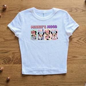 Minnies Mood Baby Tee, Minnie Mouse Pink Crop Top, Pastel Disney Shirt, Y2K Retro Disneyland Apparel, Womens Fitted Graphic Tee image 4