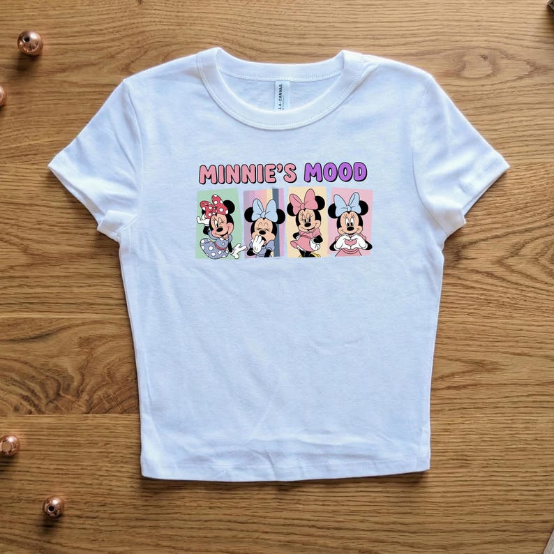 Minnies Mood Baby Tee, Minnie Mouse Pink Crop Top, Pastel Disney Shirt, Y2K Retro Disneyland Apparel, Womens Fitted Graphic Tee image 4