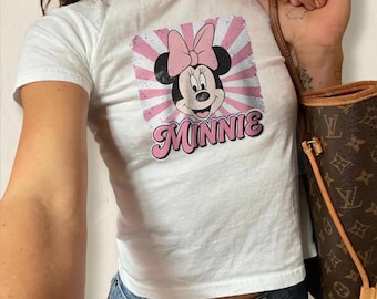 Retro Minnie Maus Baby T-Shirt, Vintage Rosa Disney Crop Top, Y2K Sunburst Graphic Shirt, Damen Disneyland-Kleidung